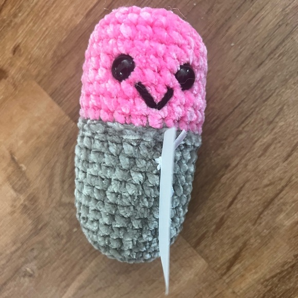 Hand Crafted Crochet Chill Pill Pink Gray Plush Super Soft Emotional Support - Picture 4 of 13